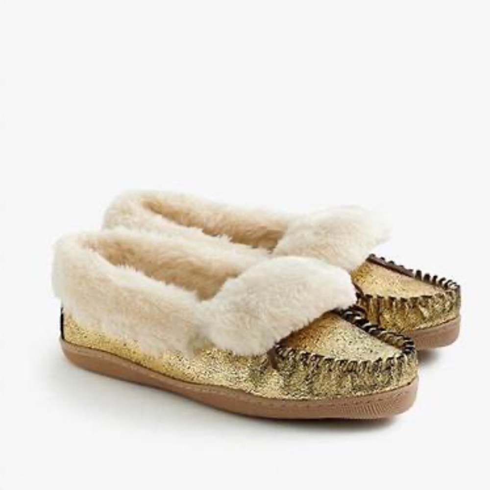 J. Crew Crackled Metallic Suede Lodge Moccasins Slippers Size 7